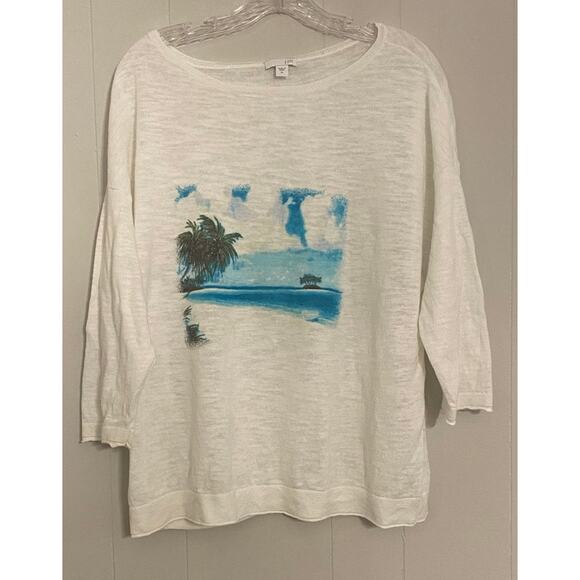 J. Jill Women’s XL Linen Cotton Lightweight Sweater Tropical Beach Scene Coastal - Picture 1 of 9